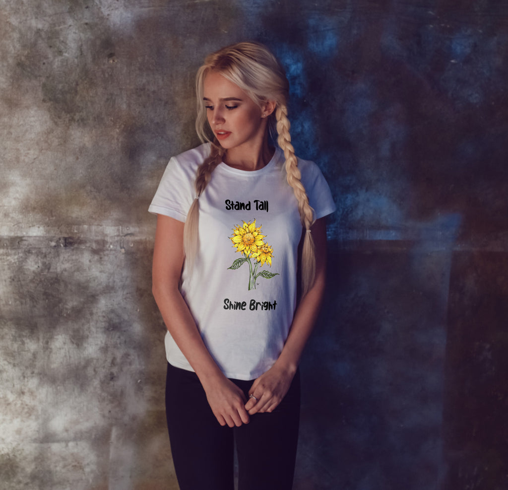 Stand Tall Shine Bright Sunflower - Ladies T-Shirt (UK Sizes 8-40) - Artwork by the Very Talented Artist Sarah Neville - Made to Order