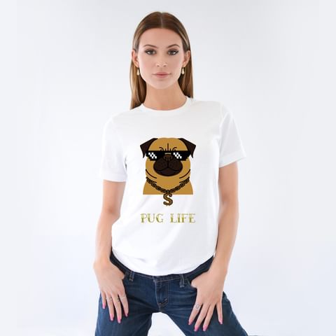 Pug Life - Ladies T-Shirt (UK Sizes 8-40) - Design by Handmade By Pixies - Made to Order - Muffin Pug Charity