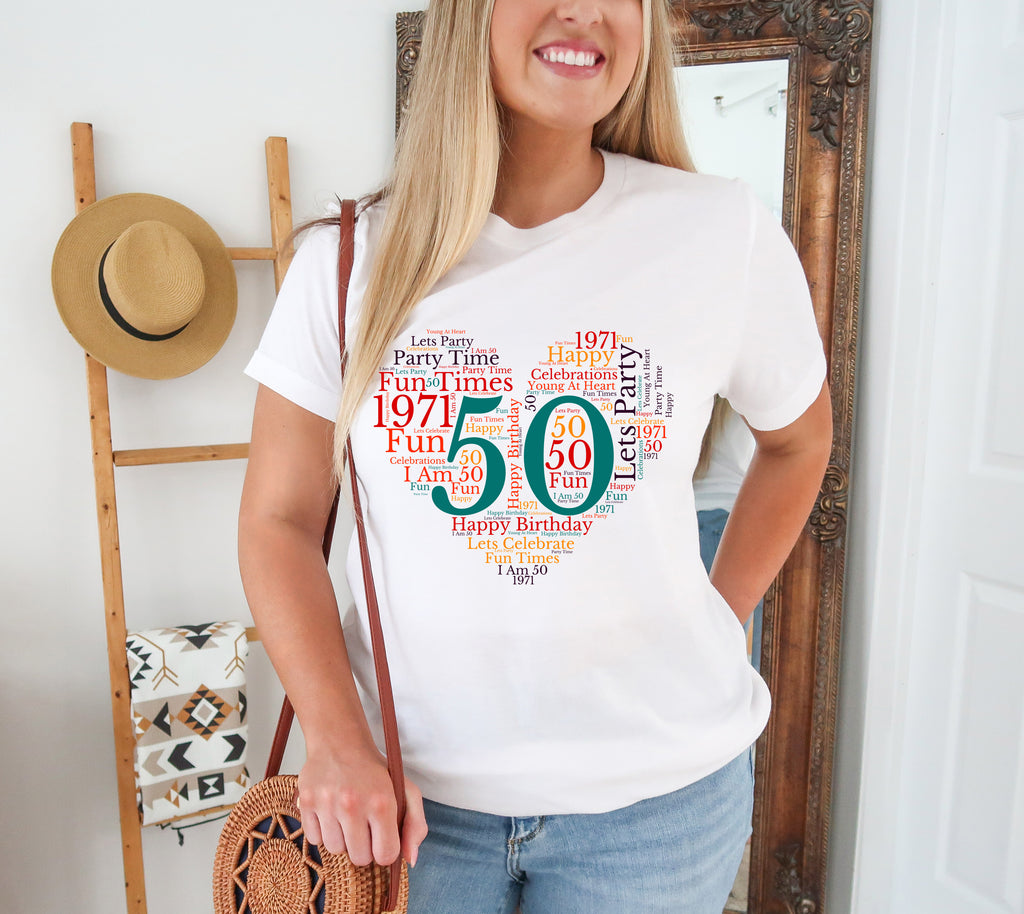 50th Birthday T-Shirt (UK Ladies Sizes 8-40) - Design by Handmade By Pixies - Made to Order