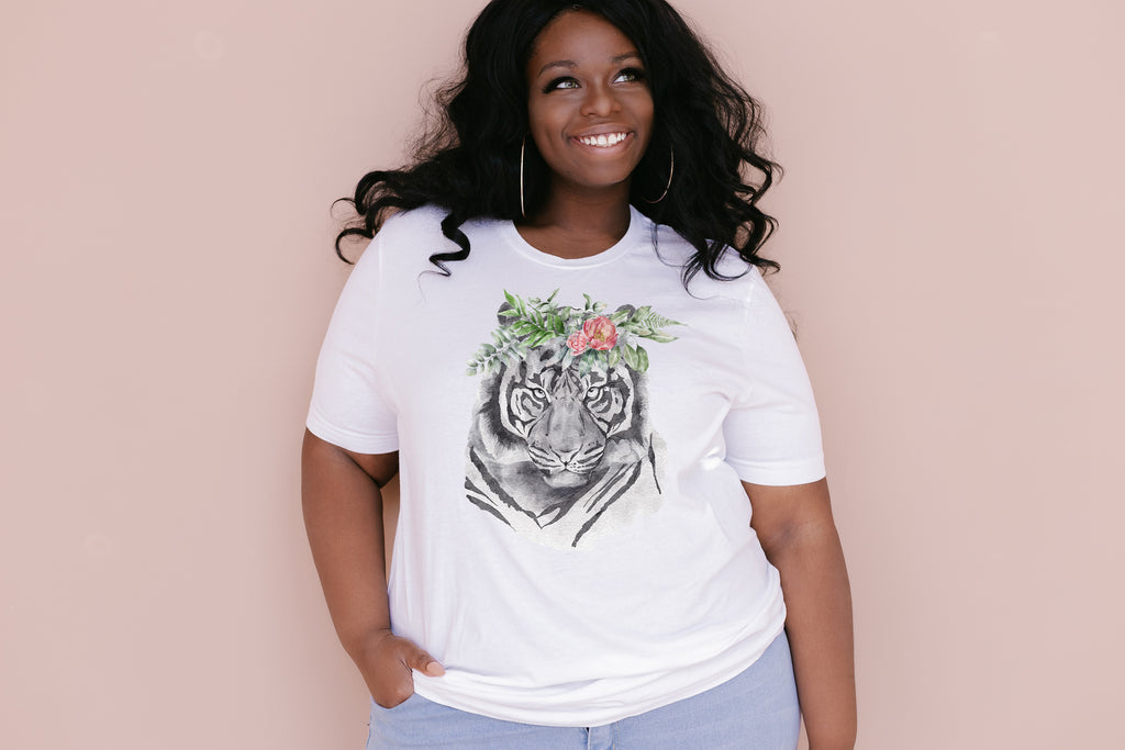 Tiger and Flowers - Ladies T-Shirt (UK Sizes 8-40) - Design by Handmade By Pixies - Made to Order