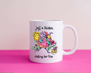 Chicken Walking Her Mice and Hen Pecked - Mug - Artwork by Artist Sarah Neville - Made to Order