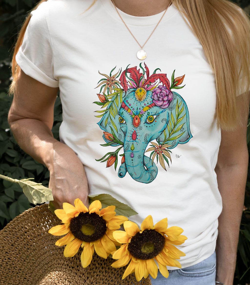 Stunning Blue Elephant - Ladies T-Shirt (UK Sizes 8-40) - Artwork by the Very Talented Artist Sarah Neville - Made to Order