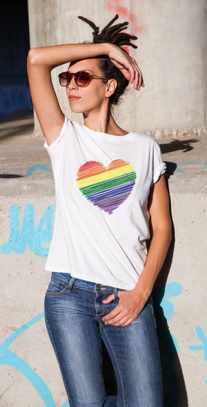 Rainbow Heart - Ladies T-Shirt (UK Sizes 8-40) - Design by Handmade By Pixies - Made to Order