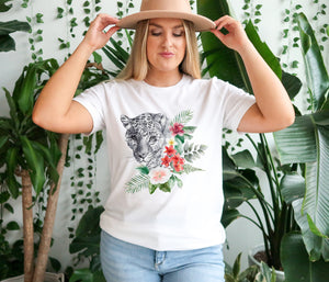 Leopard with flowers - Ladies T-Shirt (UK Sizes 8-40) - Design by Handmade By Pixies - Made to Order